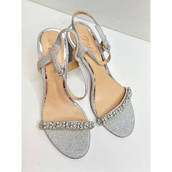 Badgley Mischka Sandals Womens Size 8.5 Silver Block Heel Open Toe‎ Embellished - Picture 5 of 9